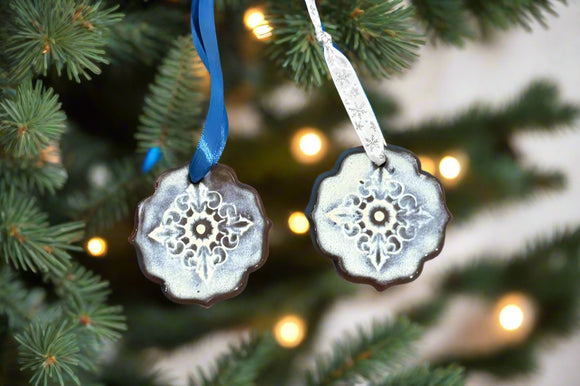 Red Clay Ornament-Frosted White Filigree