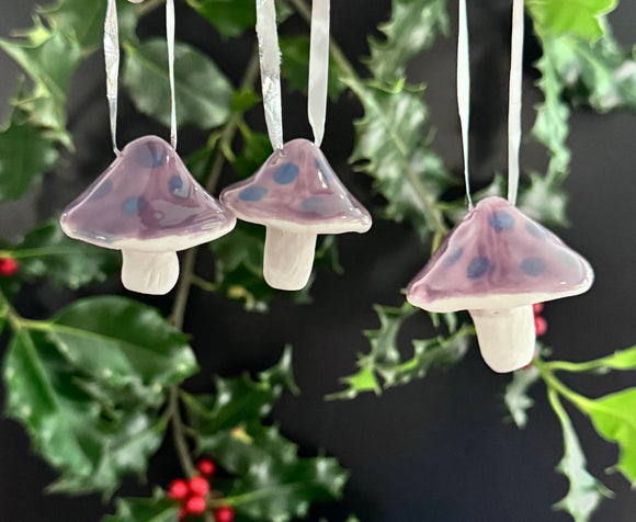 Porcelain Mushroom Ornament- Lavender with Blue Spots