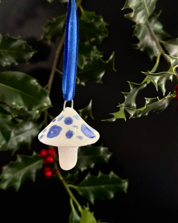 Porcelain Mushroom Ornament- Blue Spot