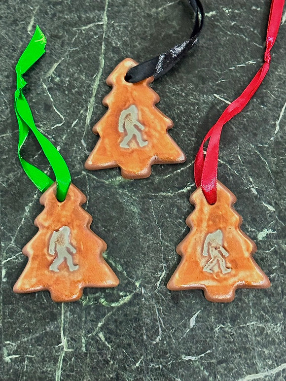 Red Clay Ornament- iridescent Green Sasquatch Tree